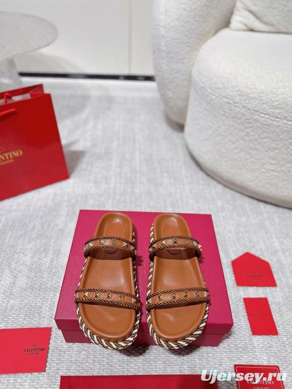 2025 Women Valentino Brown Leather Sandals Braided Rope Sole LY00250