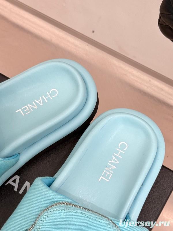 2025 Slippers Chanel Blue Fabric Slippers KFY00220