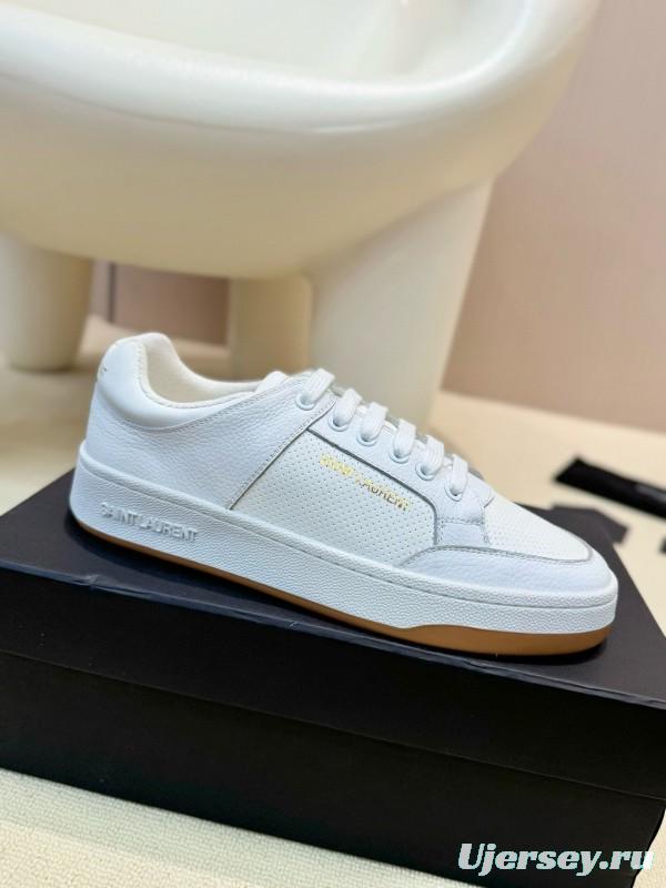2024 Unisex Yves Saint Laurent White Silk Leather Sneakers Gold Hole Punch MJ00350
