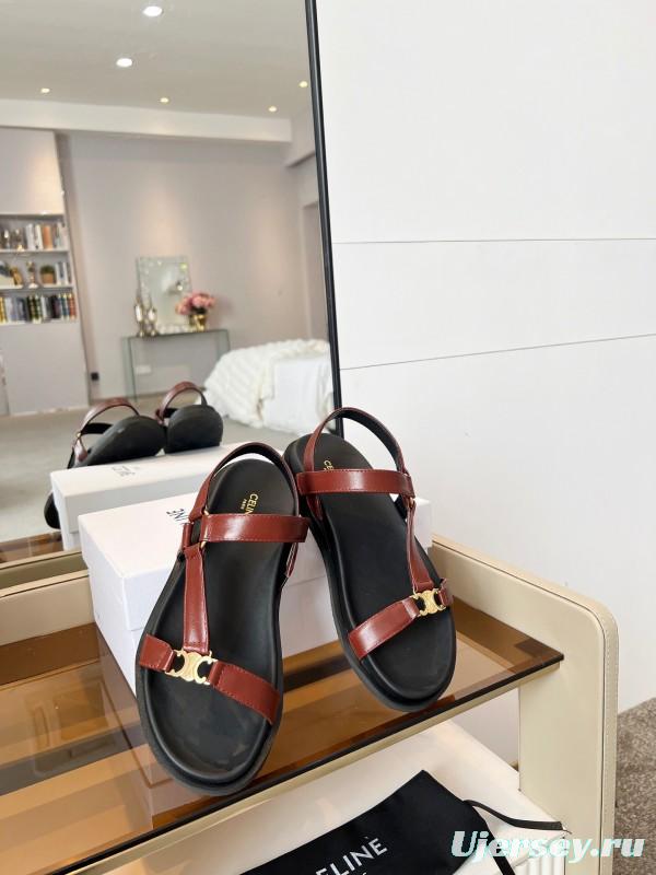 2025 Women Celine Brown Leather Flat Rome Sandals LY00220