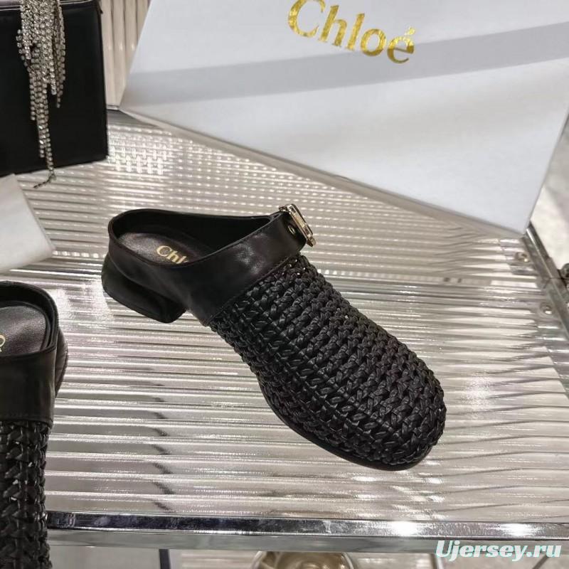 2025 Women Chloé Black Leather Woven Slippers
