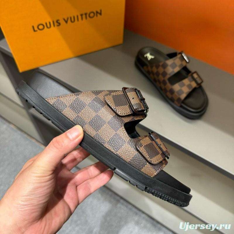 2024 Slippers Louis Vuitton Brown Black Leather Checkered Buckle MJ00210