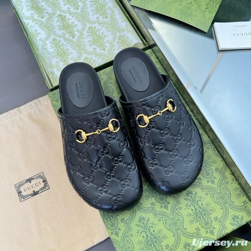 2024 Slippers Gucci Black Leather GG Pattern Horsebit MJ00280