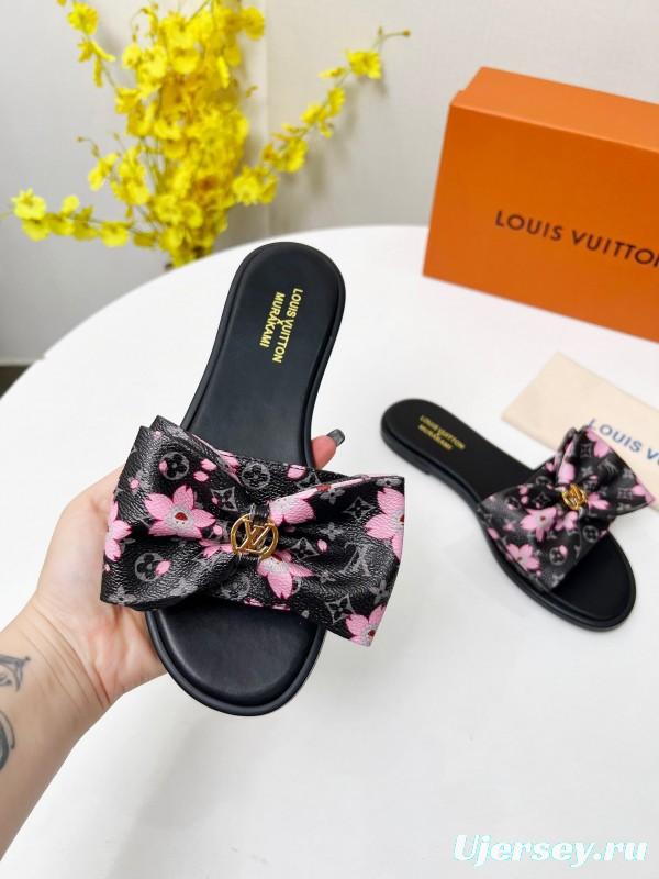2025 Women Louis Vuitton Black Pink Leather Slippers LY00190