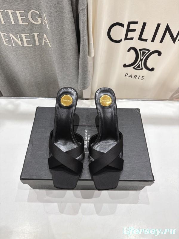 2025 Women Yves Saint Laurent Black Leather High Heel Slide Sandals With Gold Medallion Detail - LY00360(F)