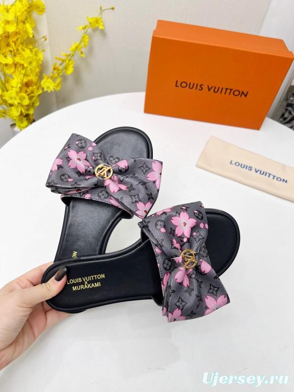 2025 Women Louis Vuitton Pink Black Leather Slippers LY00190