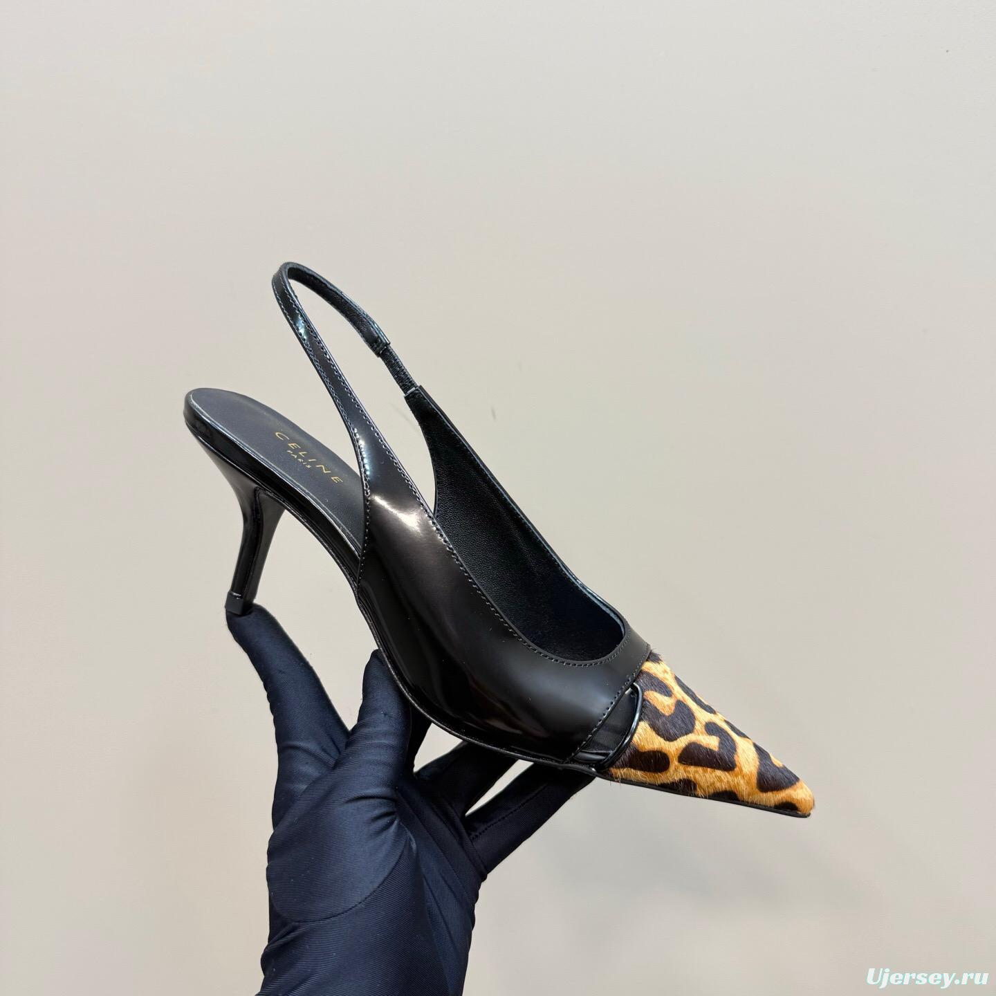 2025 Women CELINE Black Leopard Print Patent Leather Slingback Pumps
