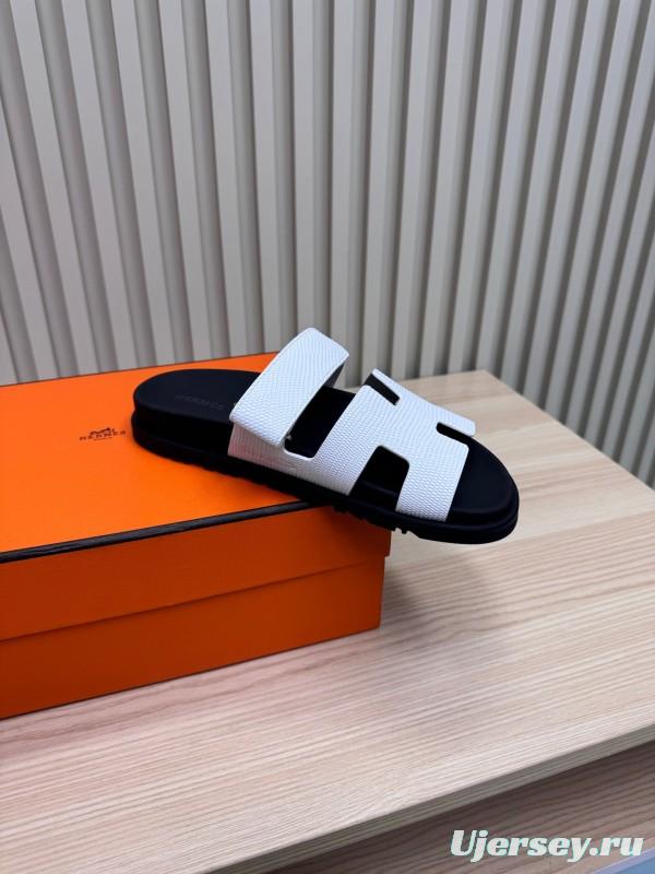 2025 Women Hermès White Black Leather Slippers