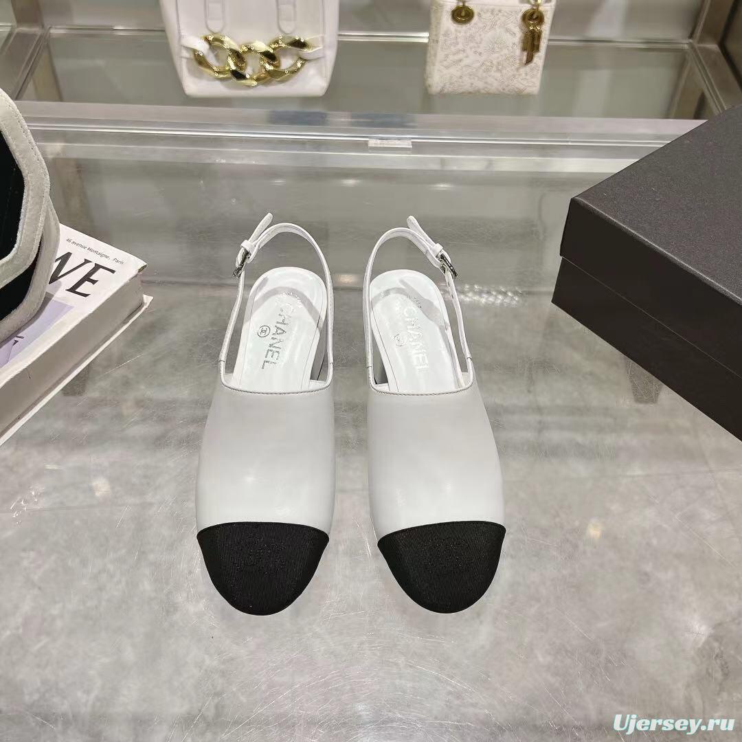 2025 Women Chanel White Black Leather Slingback Sandal LY00300