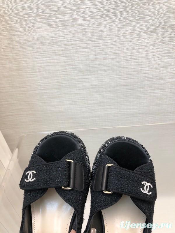 2025 Women Chanel Black Fabric Platform Sandals LY00330