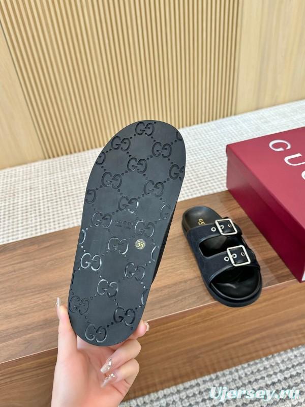 2025 Women Gucci Black Leather Slippers LY00240