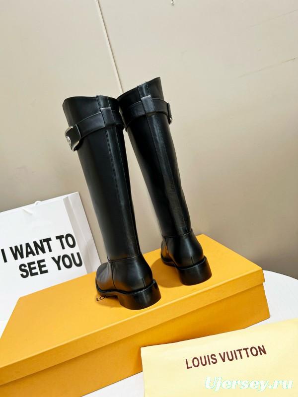 2024 Women Louis Vuitton Black Full Grain Leather Knee High Boots MJ00400