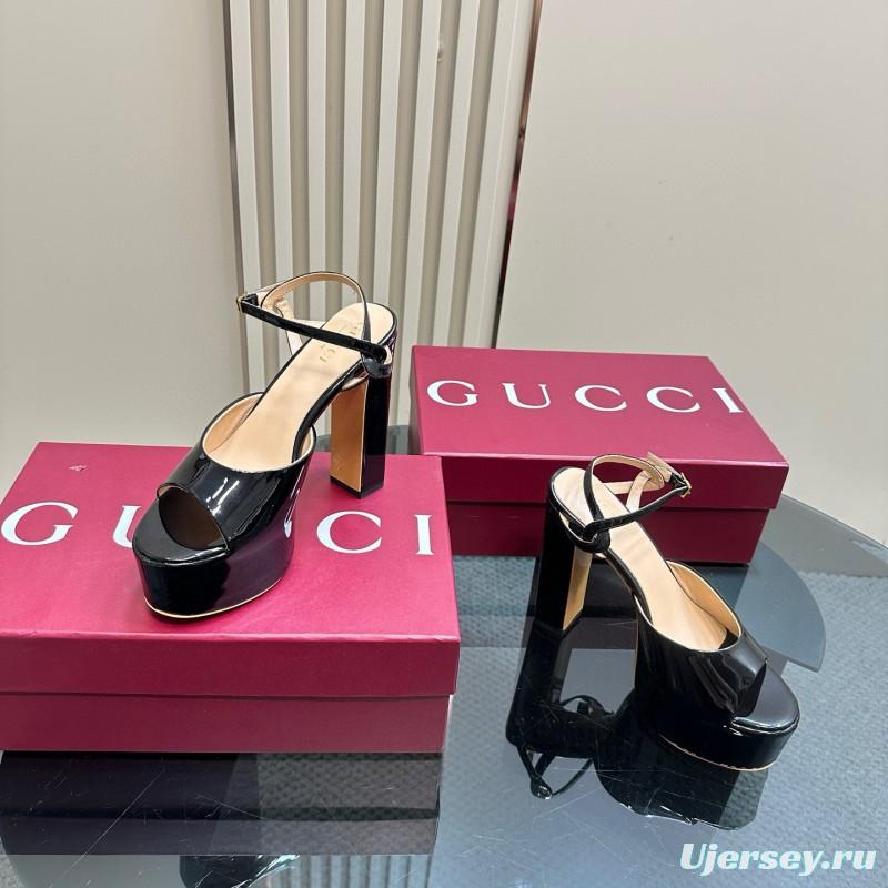 2025 Women Gucci Black Patent Leather Platform Sandals MJ00340