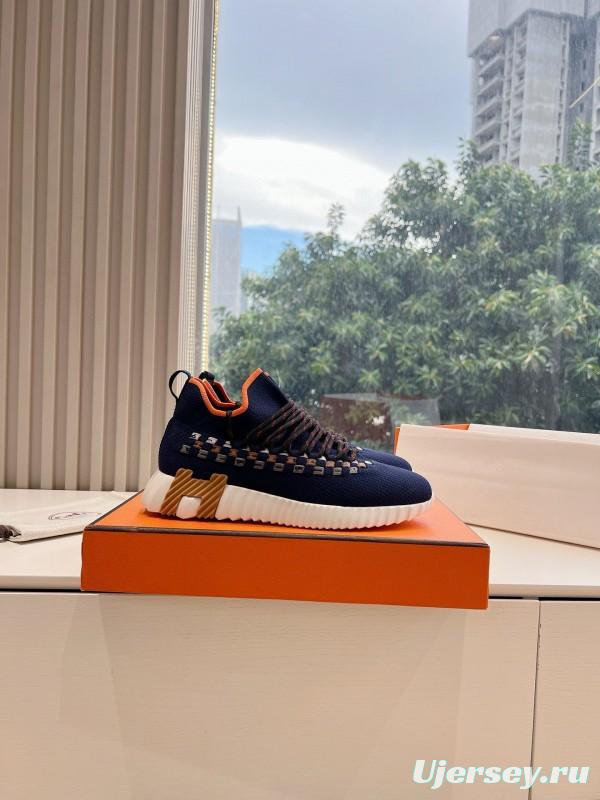 2024 Unisex Hermès Navy Orange Knit Leather Sneakers