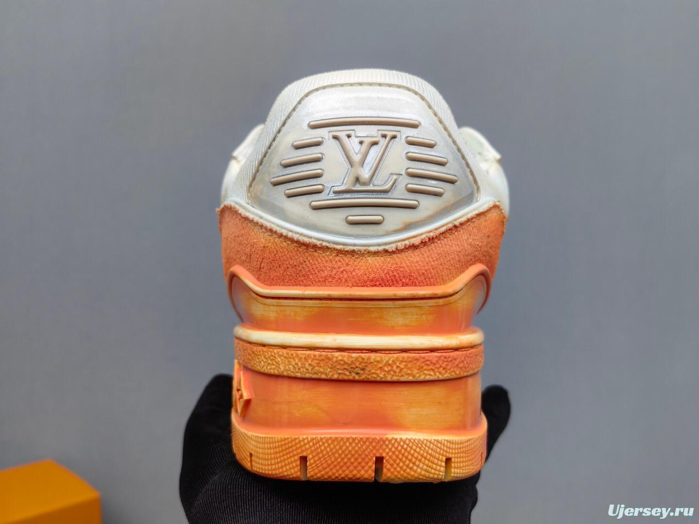 2025 Unisex Louis Vuitton Orange White Denim Leather Plimsolls Complex Wash KFY00510