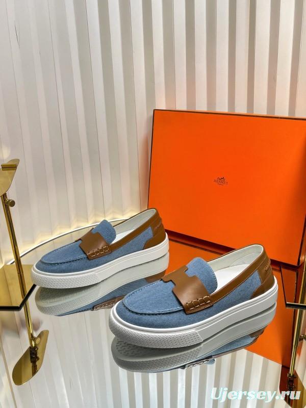 2025 Women Hermès Blue Brown Leather Canvas Loafer LY00310