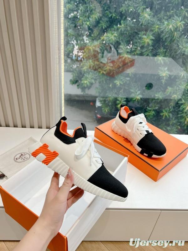 2024 Unisex Hermès Black White Orange Calfskin Suede Knitted Sneakers MJ00290
