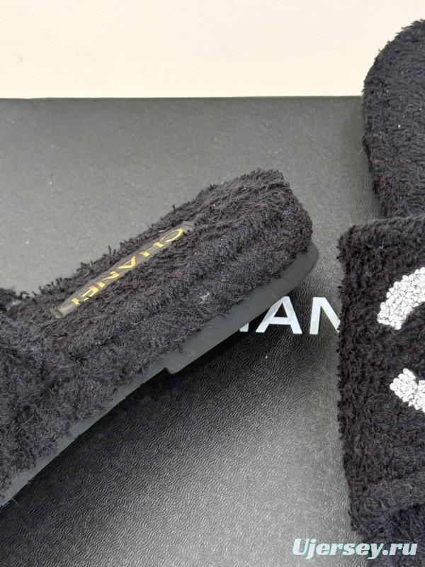 2025 Women Chanel Black Terry Cloth Slippers KFY00220