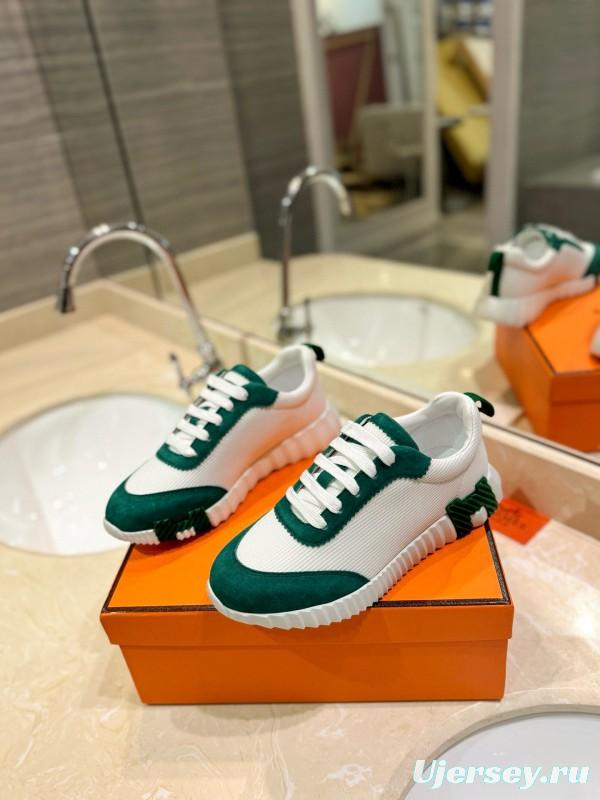2024 Unisex Hermès White Green Mesh Suede Sneakers MJ00320