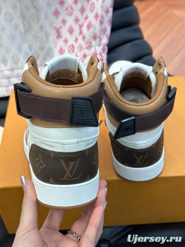 2024 Men Louis Vuitton White Brown Leather High Top Sneakers MJ00420