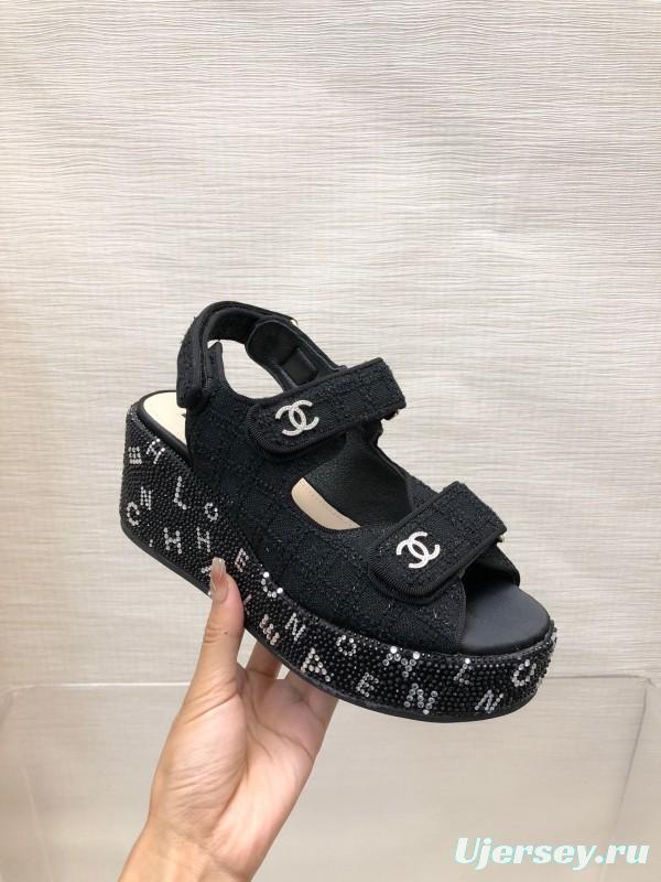 2025 Women Chanel Black Fabric Platform Sandals LY00330