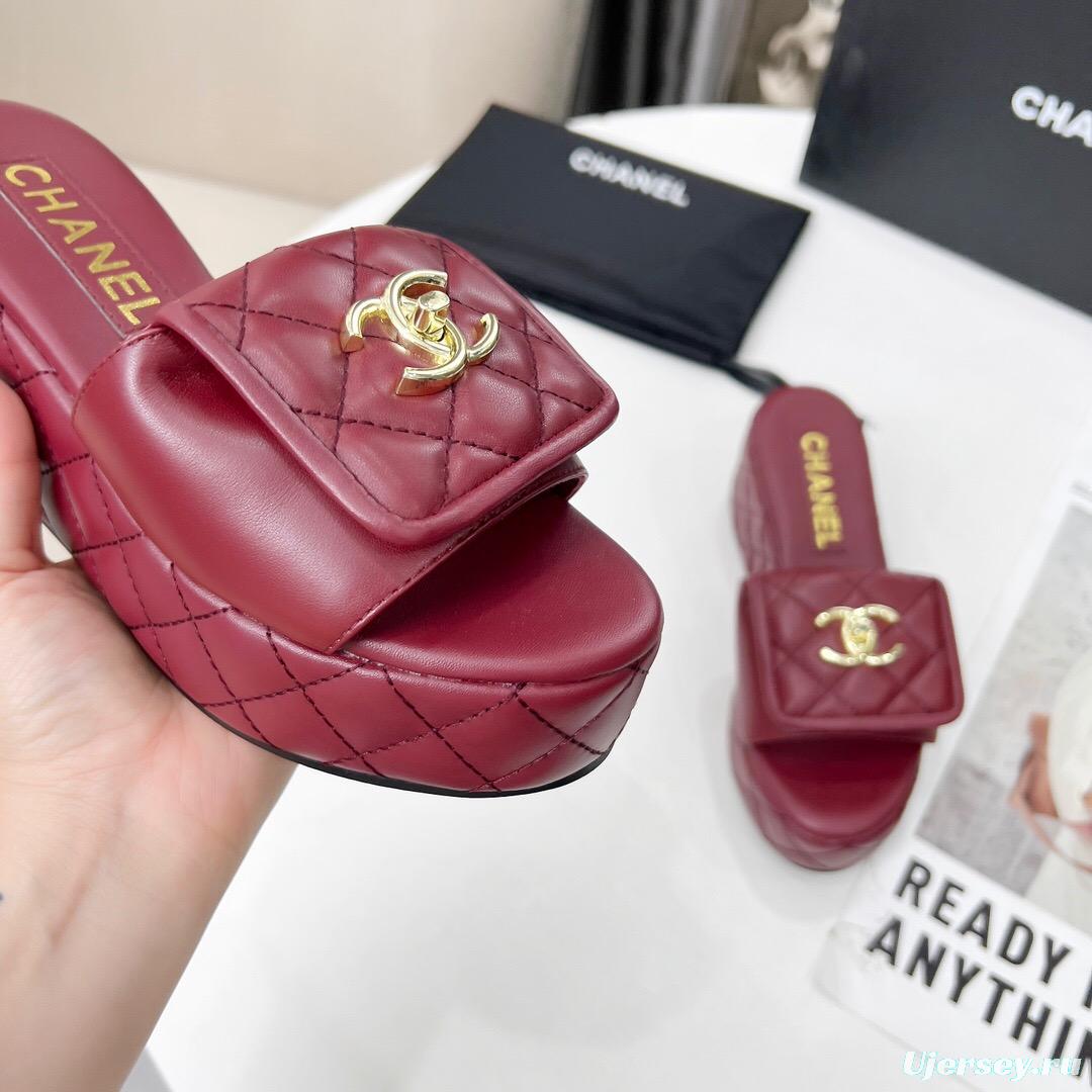 2025 Women Chanel Burgundy Leather Platform Sandals
