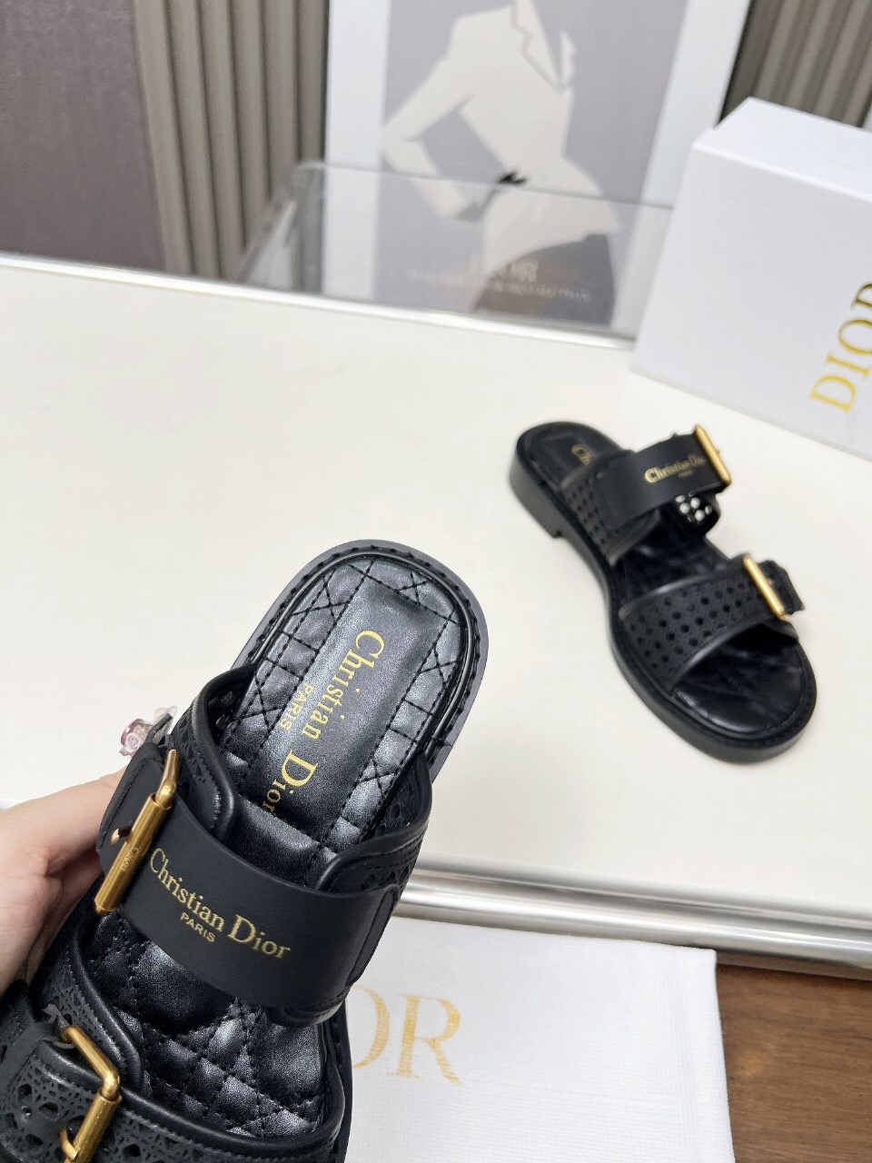 2025 Women Dior Black Leather Slippers