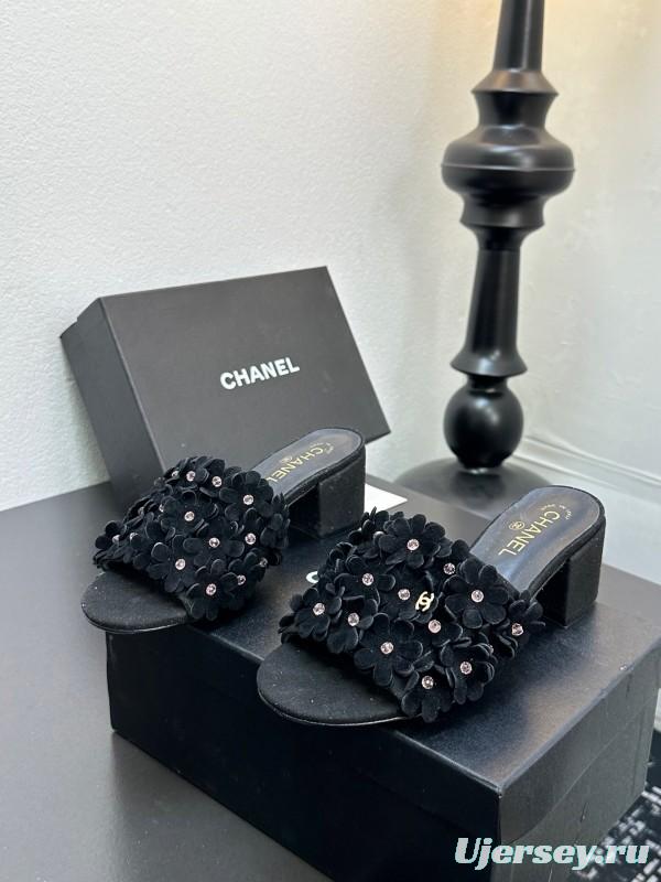2025 Women Chanel Black Suede Heeled Slippers