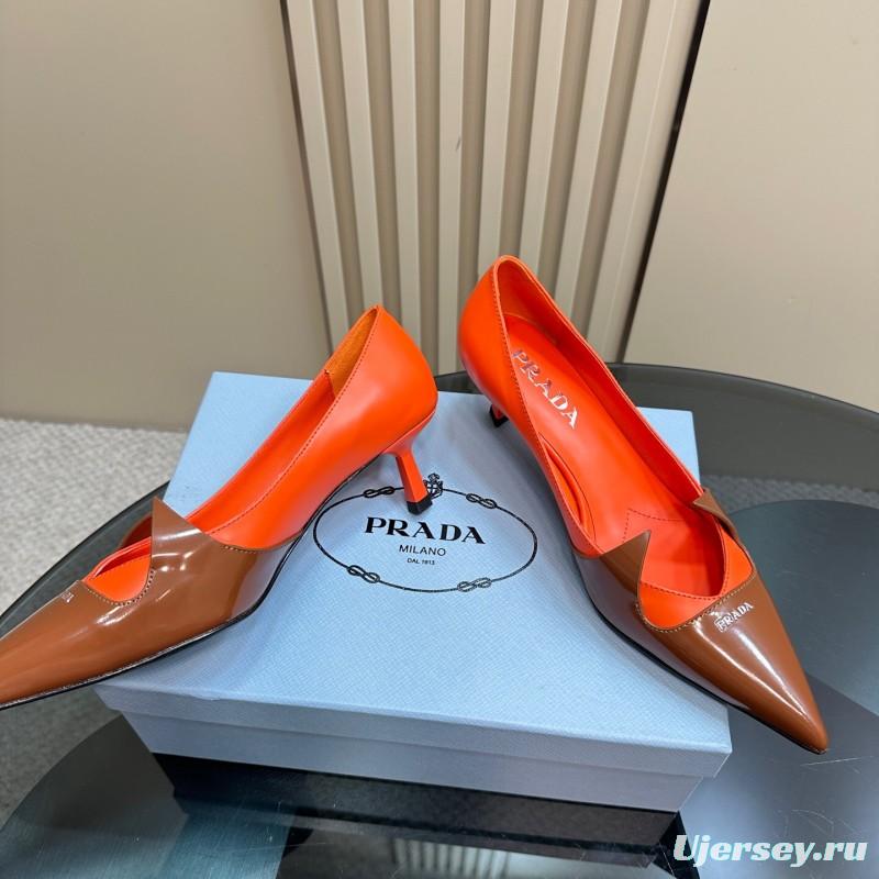 2025 Women Prada Orange Brown Leather Heels KFY00310