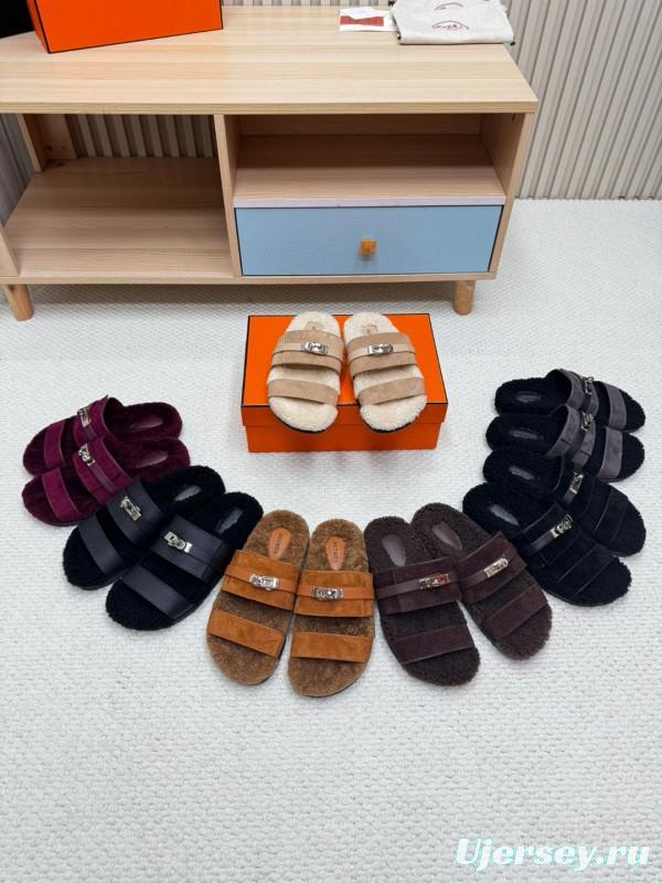 2024 Slippers Hermès Brown Suede Shearling Slippers MJ00300