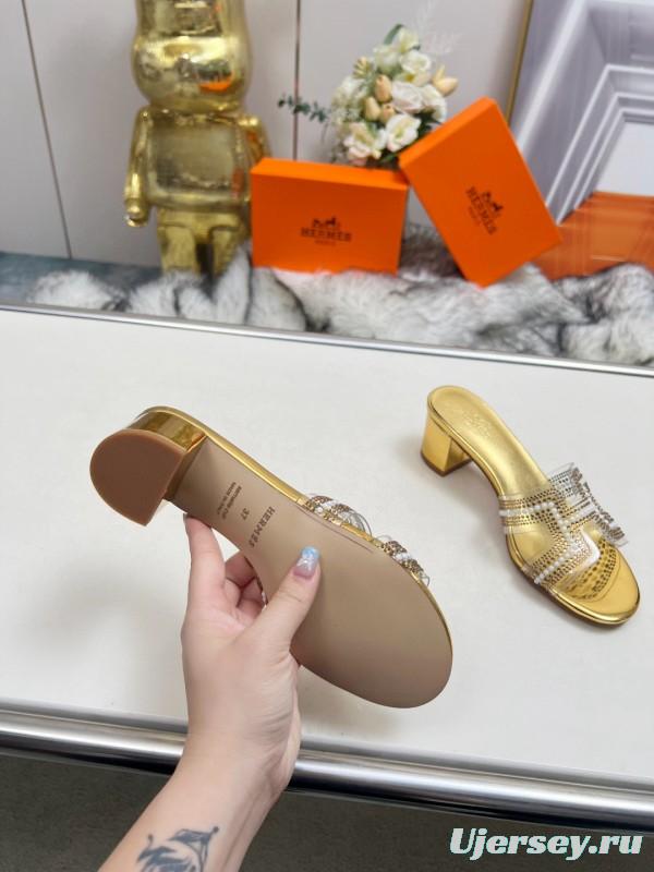 2025 Hermès Gold Leather Slippers MJ00180