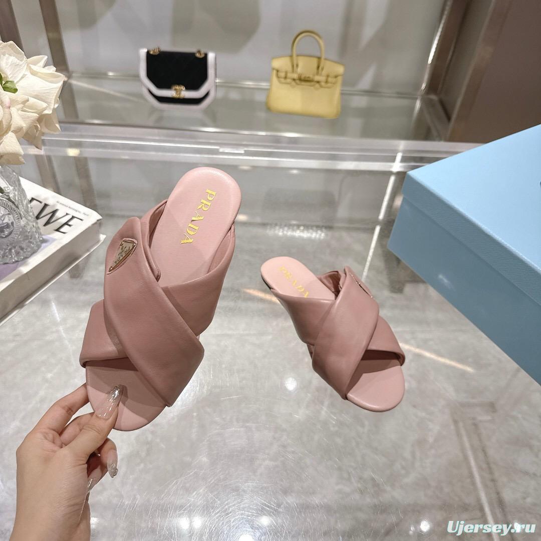 2025 Women Prada Pink Leather Slippers