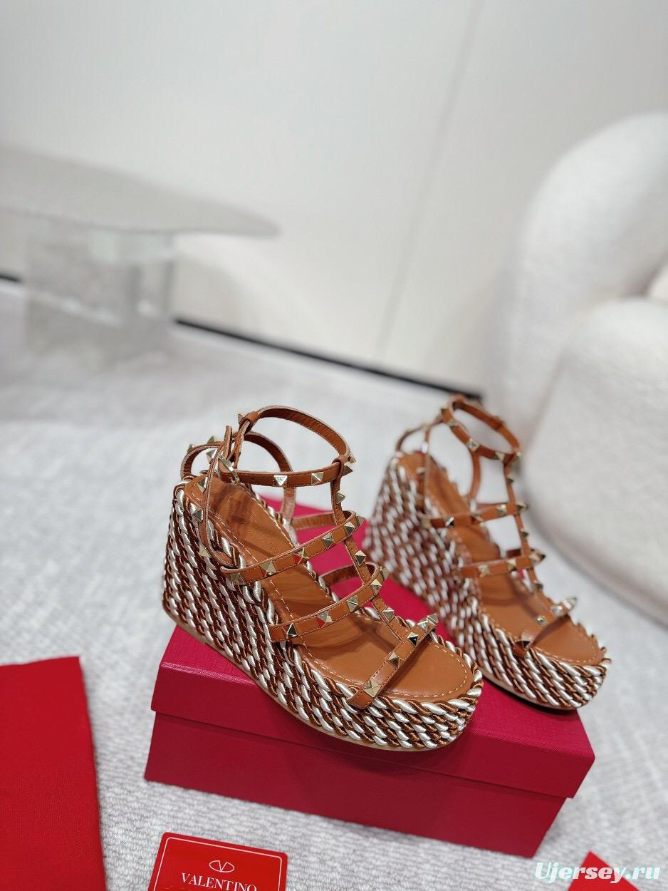 2025 Women Valentino Brown Leather Wedge Sandals Braided Cotton LY00290