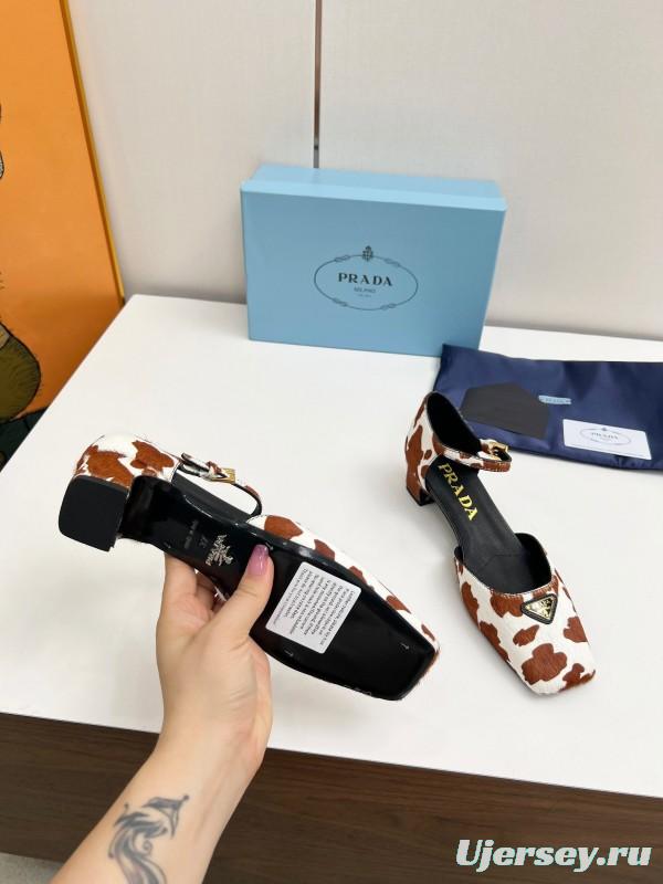 2025 Women Prada Brown White Calf Hair Strap Heels LY00270