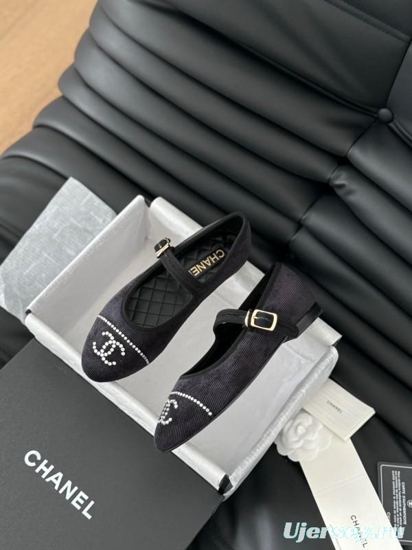 2025 Women Chanel Black Velvet Mary Jane Embroidered LY00280