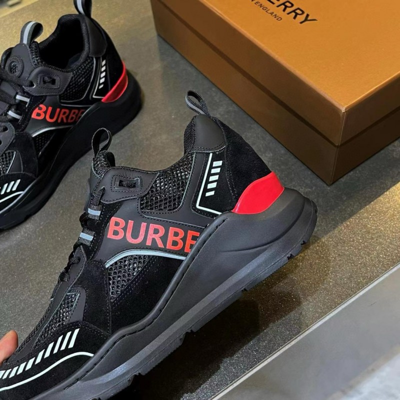 2025 Unisex Burberry Black Red Mesh Suede Leather Sneakers