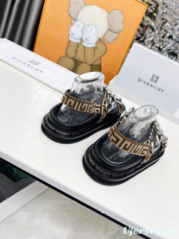 2025 Women GIVENCHY Brown Black Leather Chain Sandals LY00260