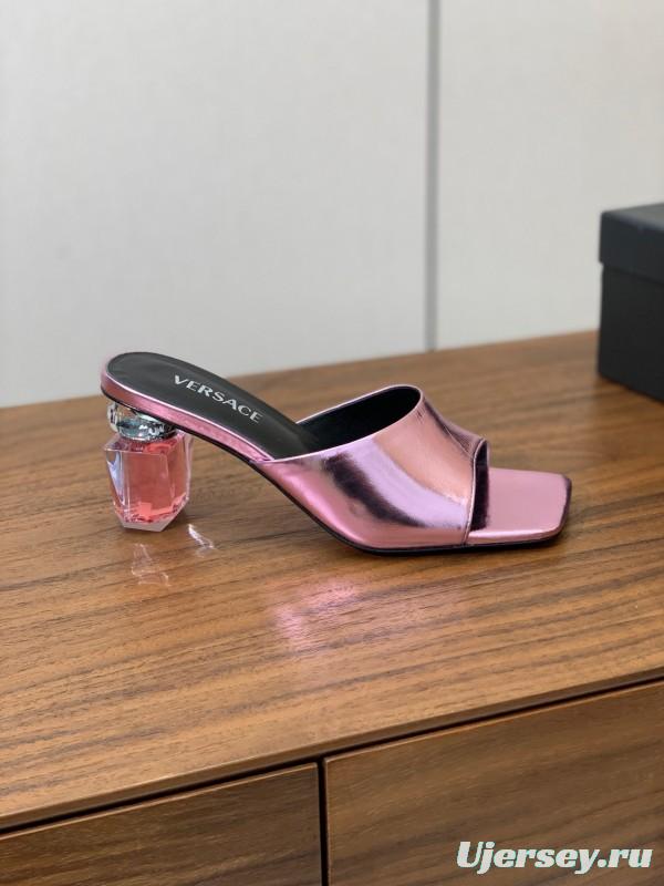 2025 Women VERSACE Pink Leather Slippers