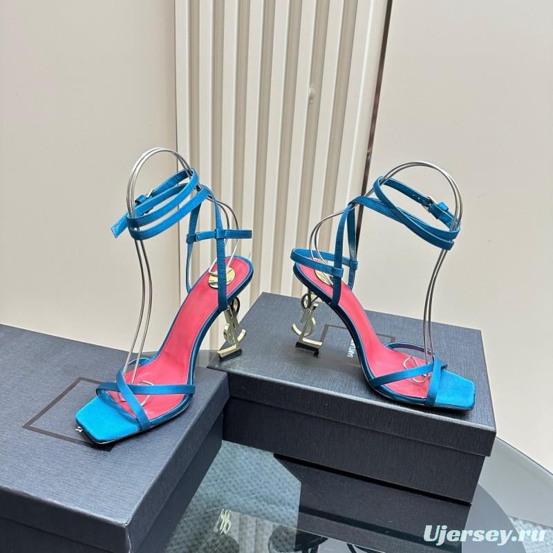 2025 Women Yves Saint Laurent Blue Satin Heeled Sandals MJ00290