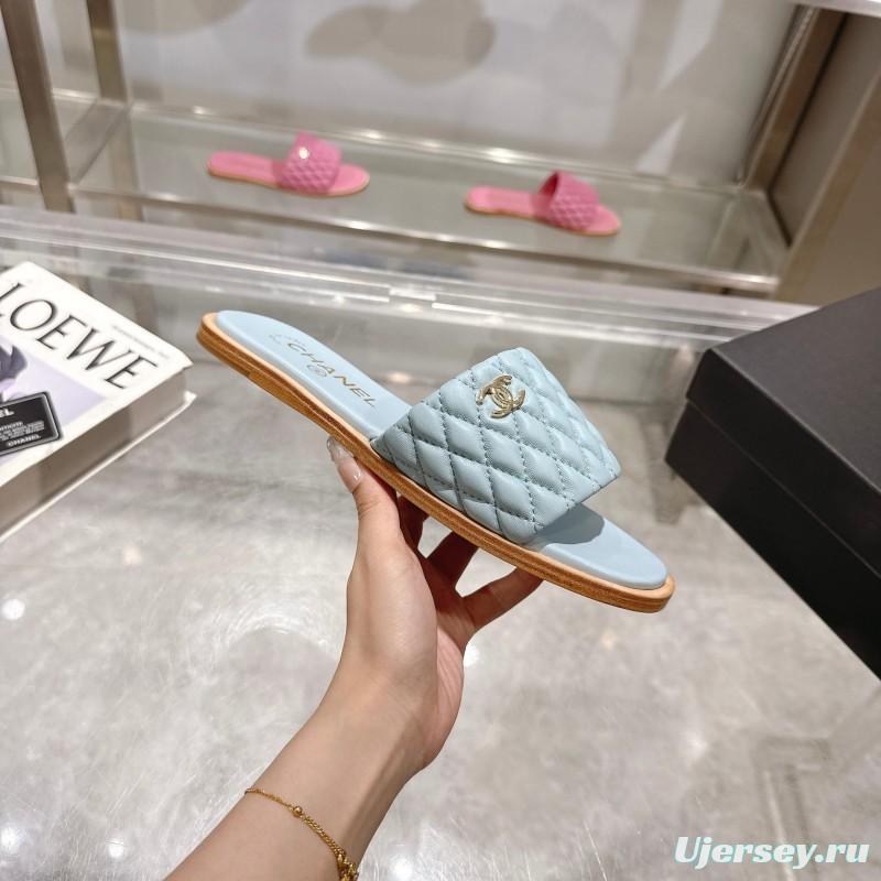 2025 Women Chanel Light Blue Lambskin Slippers