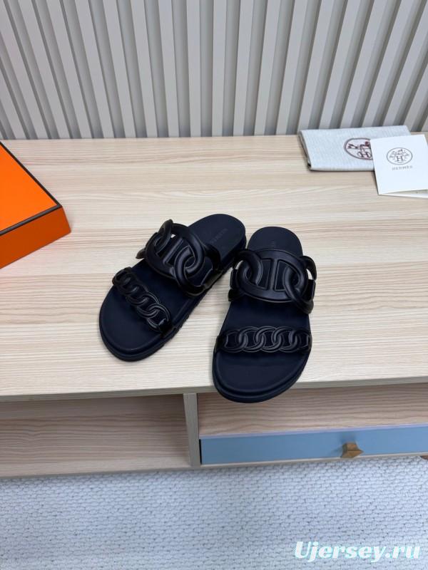 2025 Slippers Hermès Black Leather Slippers