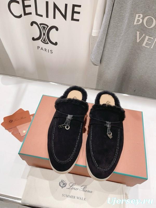 2024 Slippers LP Black Suede Shearling Loafers MJ00300