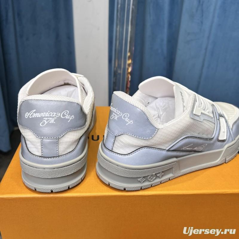 2025 Unisex Louis Vuitton White Light Grey Mesh Leather Trainer