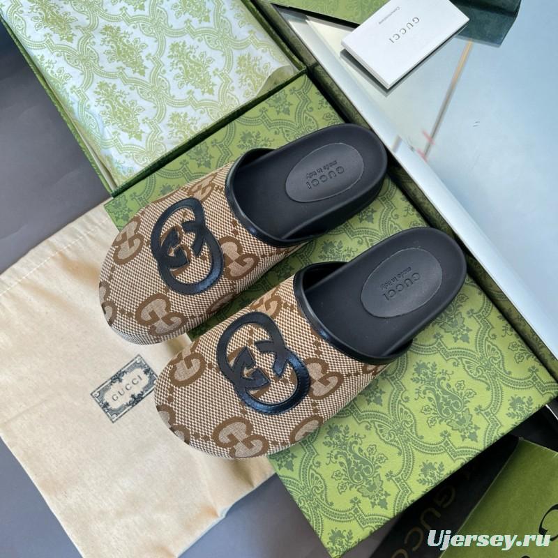 2024 Unisex Gucci Beige Brown Leather Slippers GG Pattern MJ00280