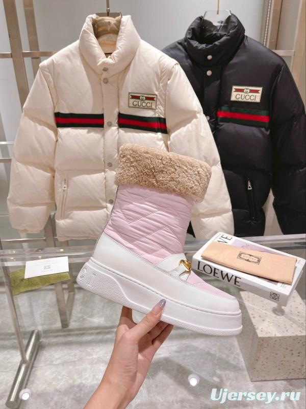 2024 Women Gucci Pink White Leather Shearling Snow Boots