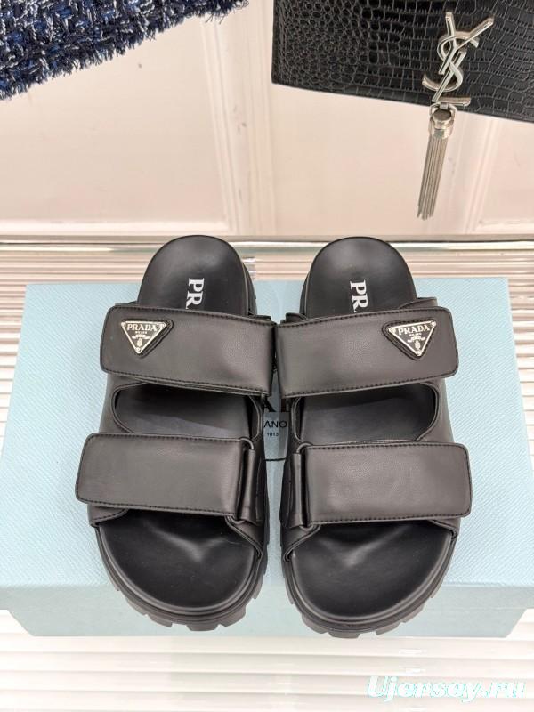 2025 Women Prada Black Leather Slippers KFY00240
