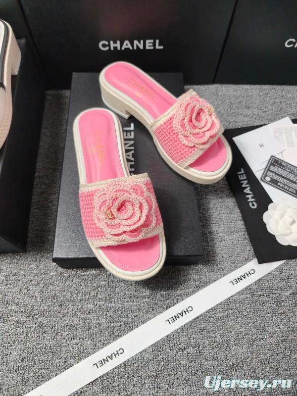 2025 Slippers Chanel Pink Straw Slide Floral LY00360