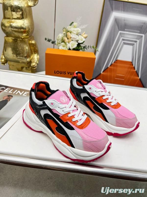 2025 Women Louis Vuitton Pink Orange Black Mesh Leather Sneakers LY00340