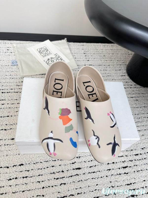 2025 Women Loewe Beige Lambskin Slippers Whale Pattern