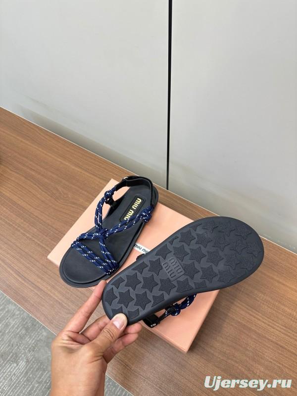 2025 Women Miu Miu Blue Black Leather Rope Sandals